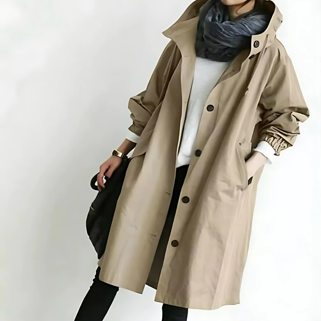 Trenchcoat in Khaki mit wasserabweisender Oberfläche, weiten Ärmeln mit Gummizug und praktischer Kapuze für Damen.