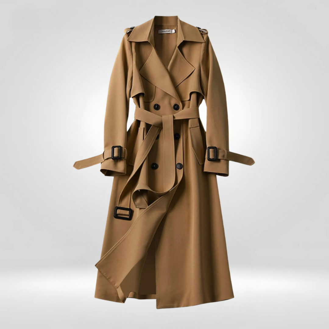 Trenchcoat in Khaki mit zweireihigen Design, dem verstellbaren Gürtel und dem windabweisenden Material.