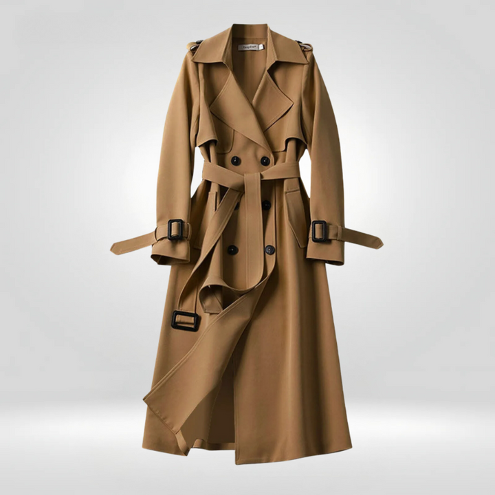 Trenchcoat in Khaki mit zweireihigen Design, dem verstellbaren Gürtel und dem windabweisenden Material.