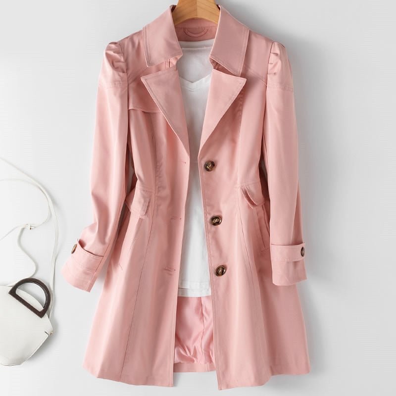 Trenchcoat für Damen in Rosa mit taillierter Passform, knöpfbaren Manschetten und Taschen mit Klappen