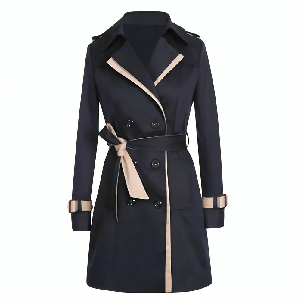 Trenchcoat mit markantem Kontrastbesatz, verstellbarem Taillengürtel und klassischer doppelreihiger Knopfleiste für Damen.