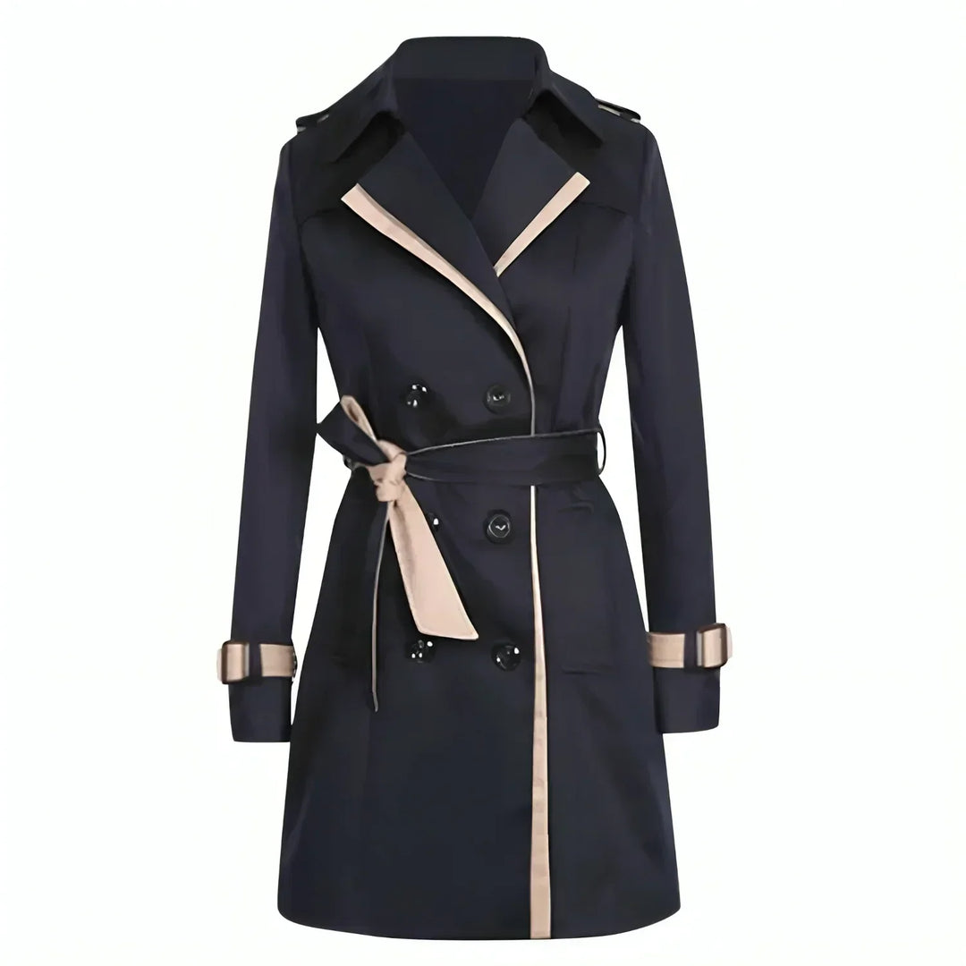Trenchcoat mit markantem Kontrastbesatz, verstellbarem Taillengürtel und klassischer doppelreihiger Knopfleiste für Damen.