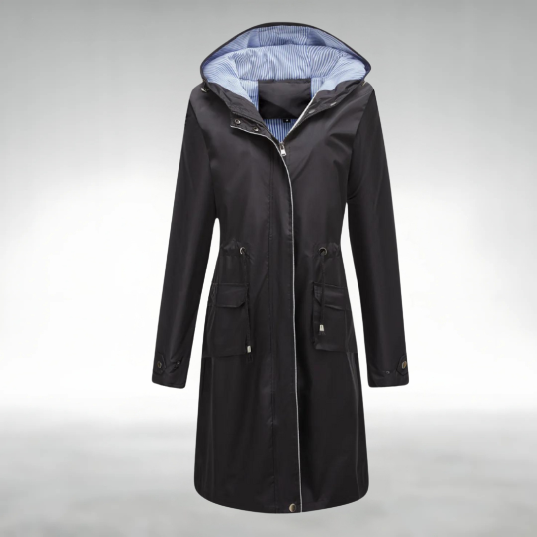 Trenchcoat in Schwarz mit wasserdichtem Design, winddichter Funktion und verstellbaren Kapuze für Damen.