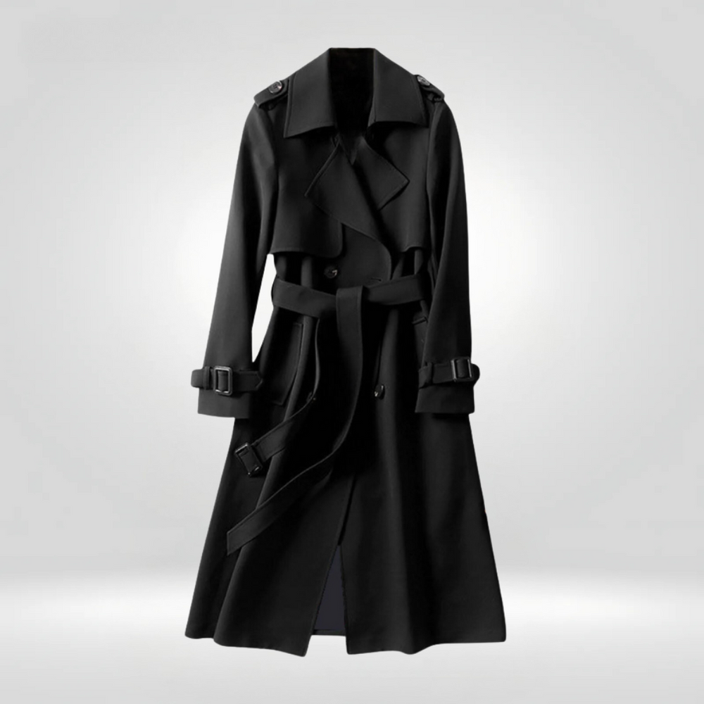 Trenchcoat in Schwarz mit zweireihigen Design, dem verstellbaren Gürtel und dem windabweisenden Material.
