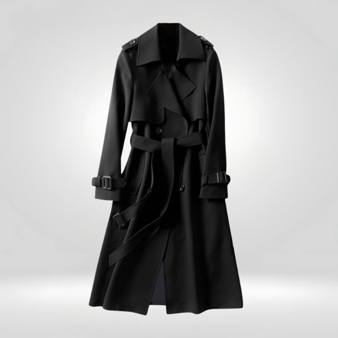 Trenchcoat in Schwarz mit zweireihigen Design, dem verstellbaren Gürtel und dem windabweisenden Material.