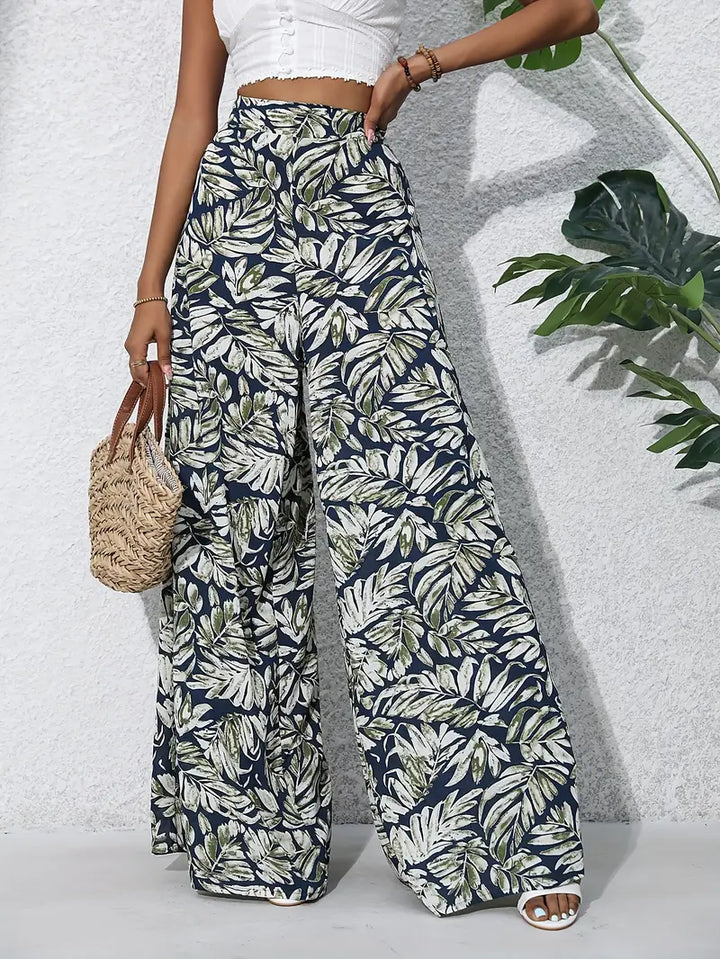 Klassische tropische Damen-Weitbeinhosen in Marineblau mit lockerem Schnitt, ideal für einen Strandurlaub oder Freizeitkleidung
