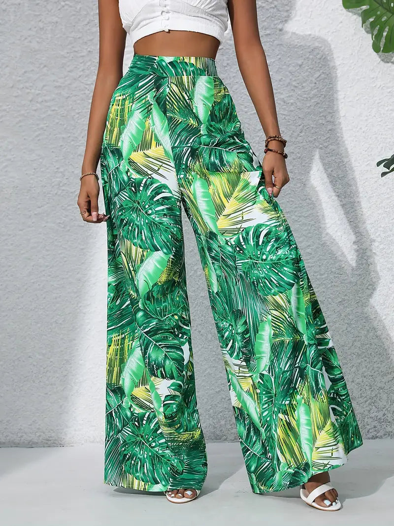 Elegante tropische Damen-Weitbeinhosen in Smaragdgrün mit frischem tropischem Design, ideal für Strandtage oder lässige Ausflüge