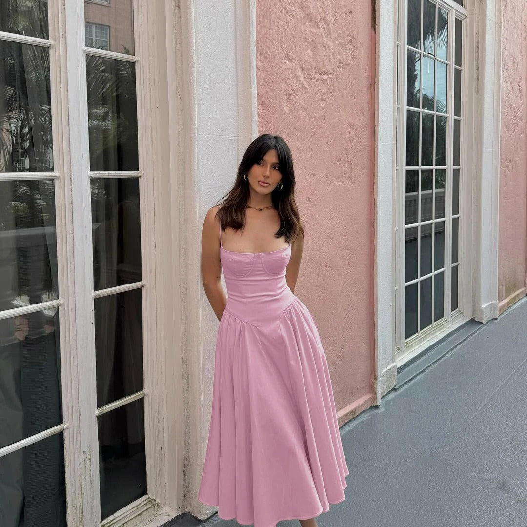 Rachele Damen Elegantes Midi Kleid mit Spaghettiträgern