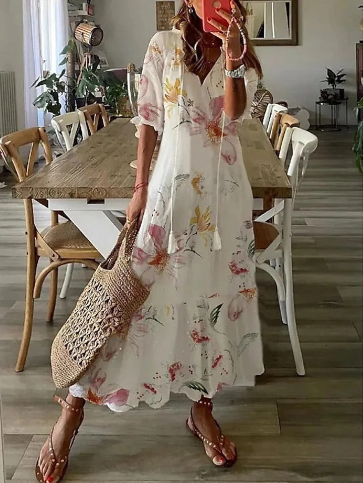 Brenda Damen Maxikleid mit Print & Fransen