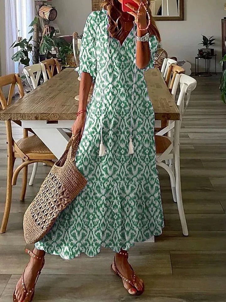 Brenda Damen Maxikleid mit Print & Fransen