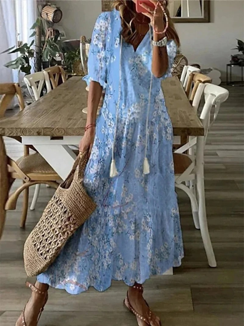Brenda Damen Maxikleid mit Print & Fransen
