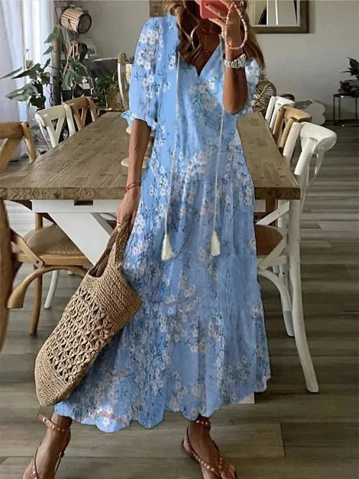 Brenda Damen Maxikleid mit Print & Fransen