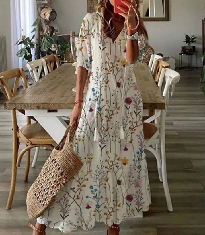 Brenda Damen Maxikleid mit Print & Fransen
