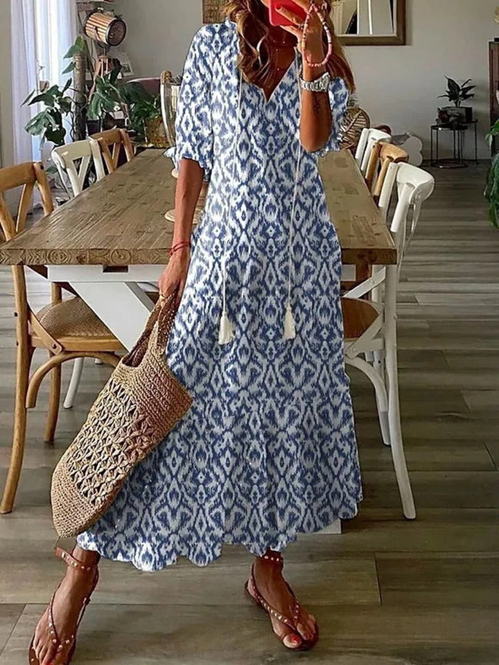 Brenda Damen Maxikleid mit Print & Fransen