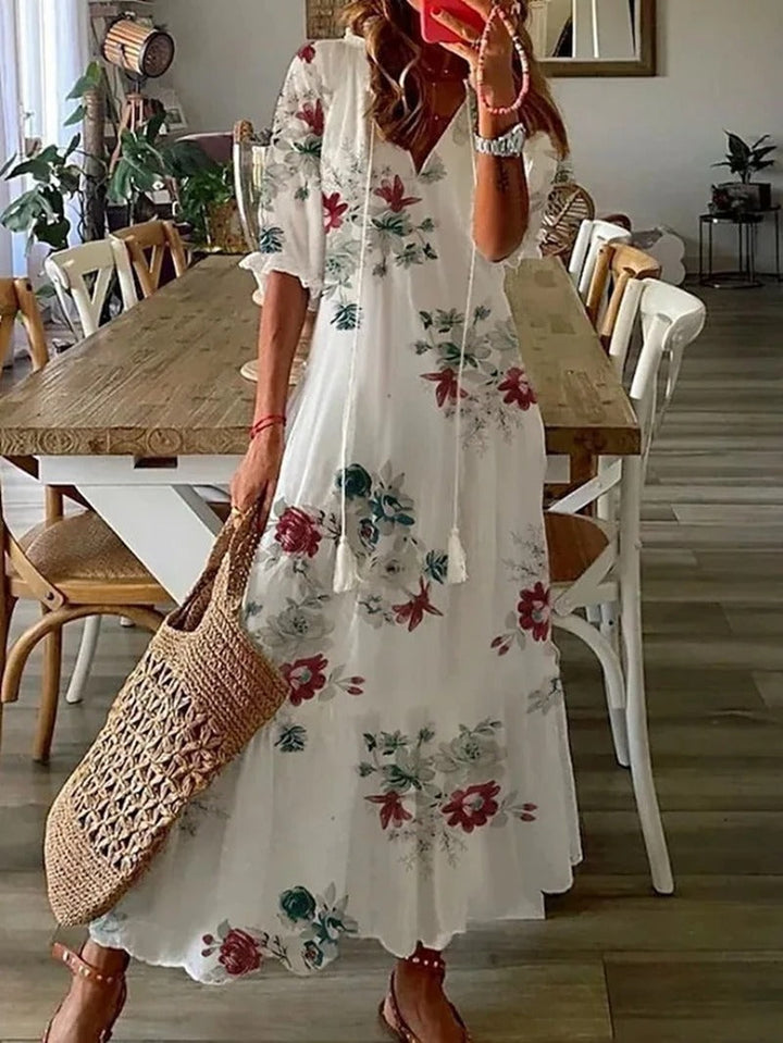 Brenda Damen Maxikleid mit Print & Fransen