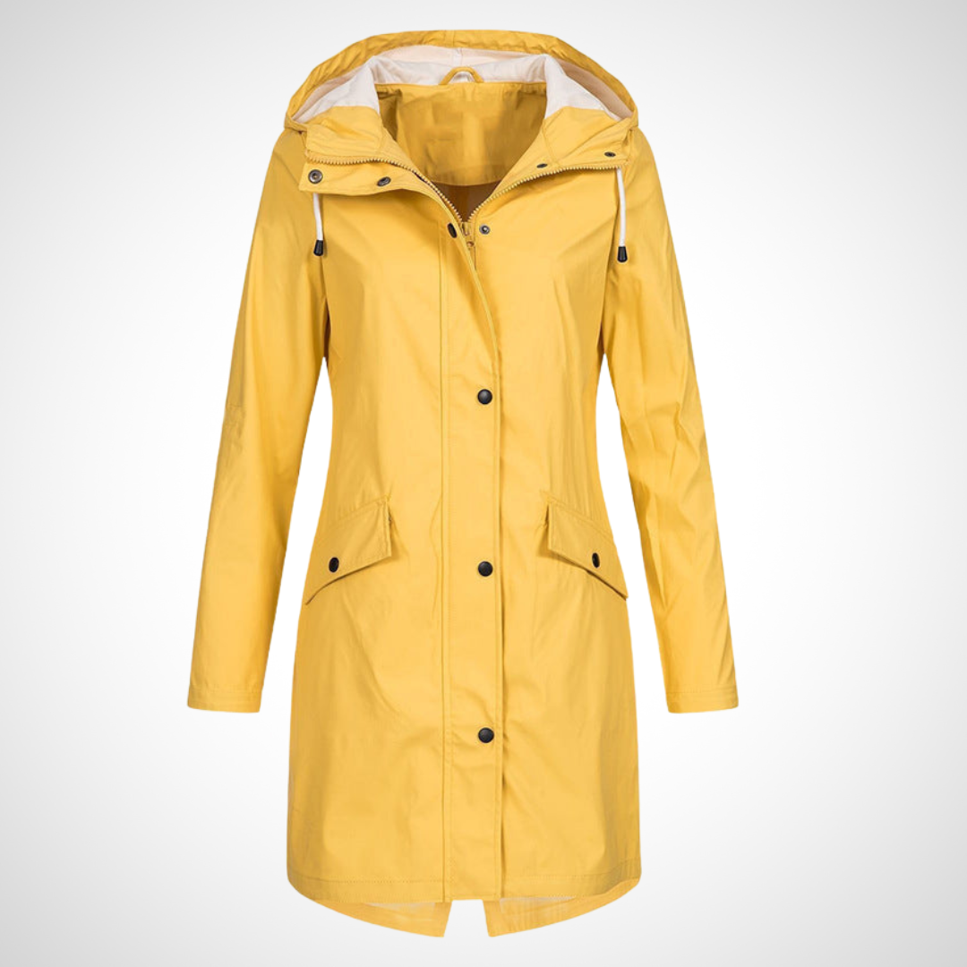 Wasserfester Regenmantel in Gelb mit wasserabweisendem Polyester, praktischem Vollknopfverschluss und integrierter Kapuze für Damen.