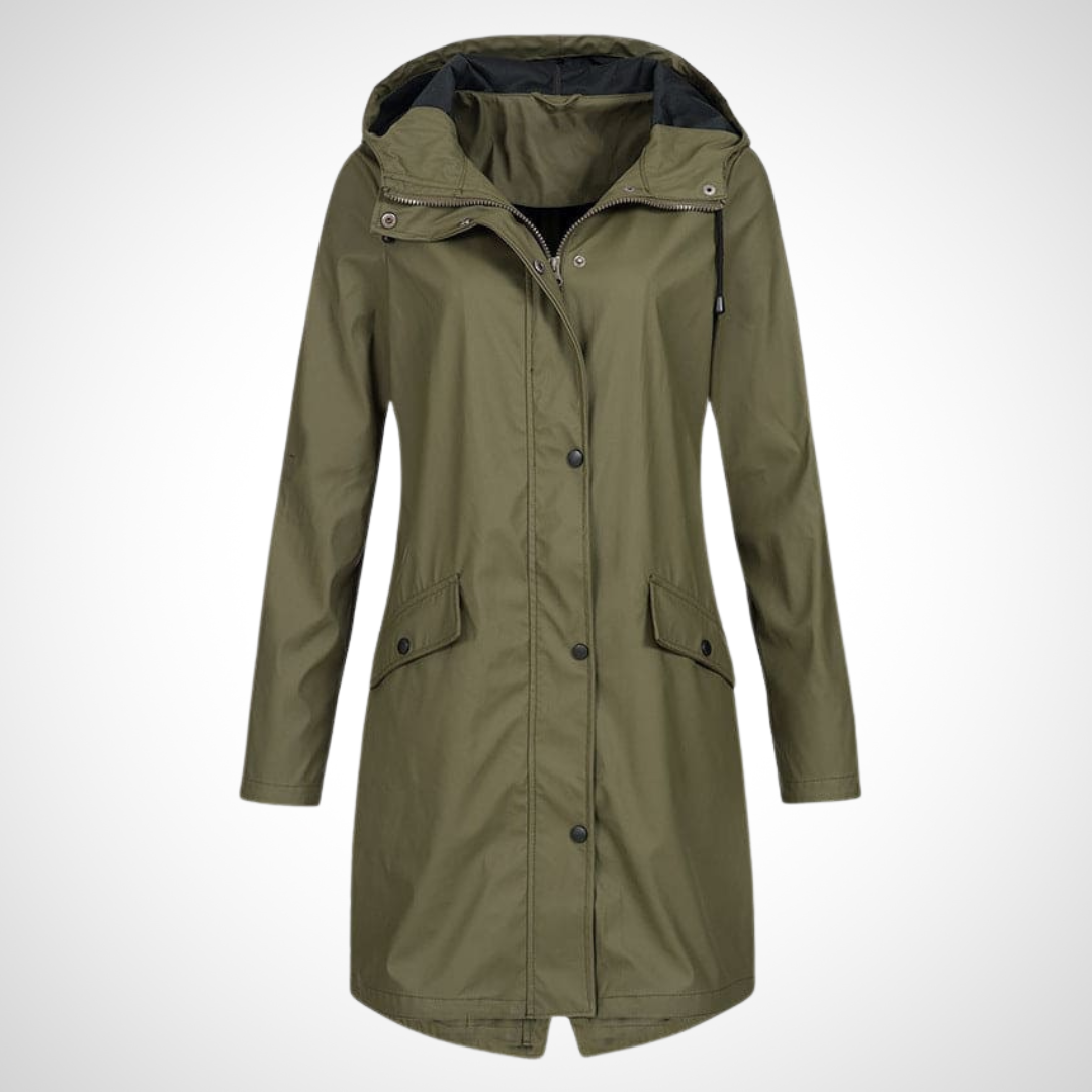 Wasserfester Regenmantel in Dunkelgrün mit wasserabweisendem Polyester, praktischem Vollknopfverschluss und integrierter Kapuze für Damen