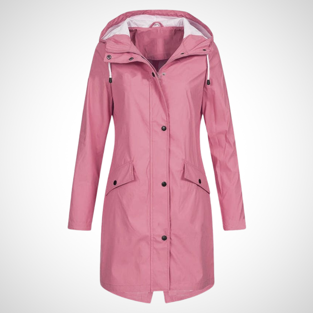 Wasserfester Regenmantel in Rosa mit wasserabweisendem Polyester, praktischem Vollknopfverschluss und integrierter Kapuze für Damen.