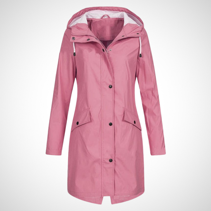 Wasserfester Regenmantel in Rosa mit wasserabweisendem Polyester, praktischem Vollknopfverschluss und integrierter Kapuze für Damen.