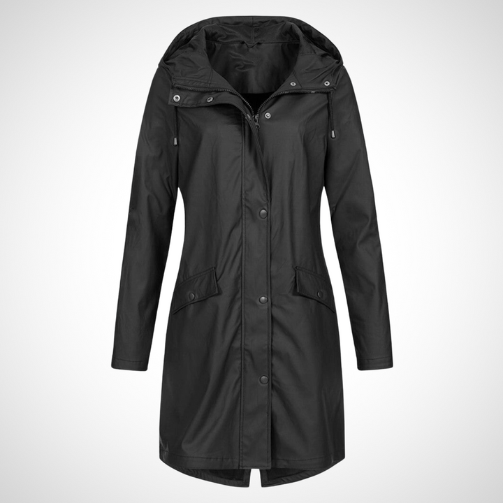Wasserfester Regenmantel in Schwarz mit verstellbarer Kapuze, praktischer Knopfleiste und geräumigen Klappentaschen für Damen.