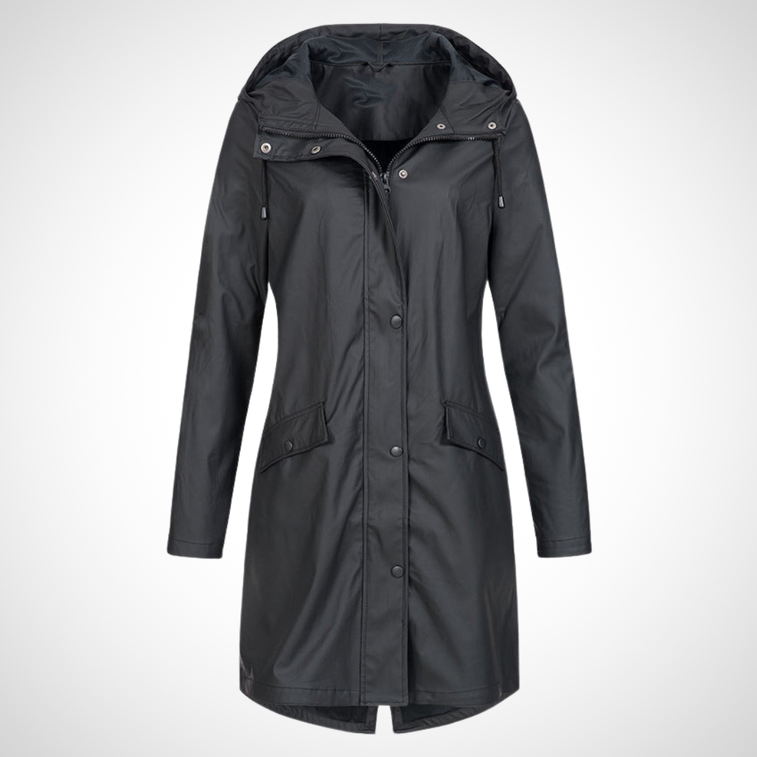 Wasserfester Regenmantel in Schwarz mit wasserabweisendem Polyester, praktischem Vollknopfverschluss und integrierter Kapuze für Damen.
