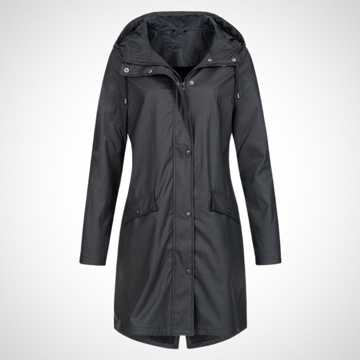Wasserfester Regenmantel in Schwarz mit wasserabweisendem Polyester, praktischem Vollknopfverschluss und integrierter Kapuze für Damen.