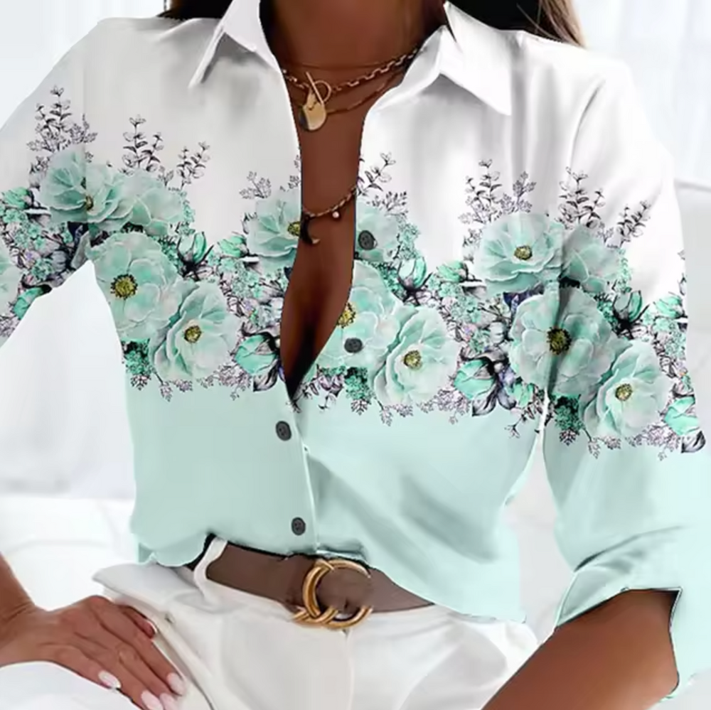 Weiß-grüne Damenbluse mit sanftem Kontrast atmungsaktive Blumenmuster-Bluse für sommerliche Eleganz