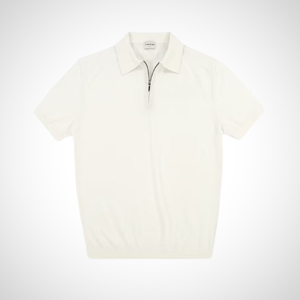 Weißes Herren-Poloshirt mit Reißverschluss stilvolles stylisches Strick-Poloshirt für einen minimalistischen Stil