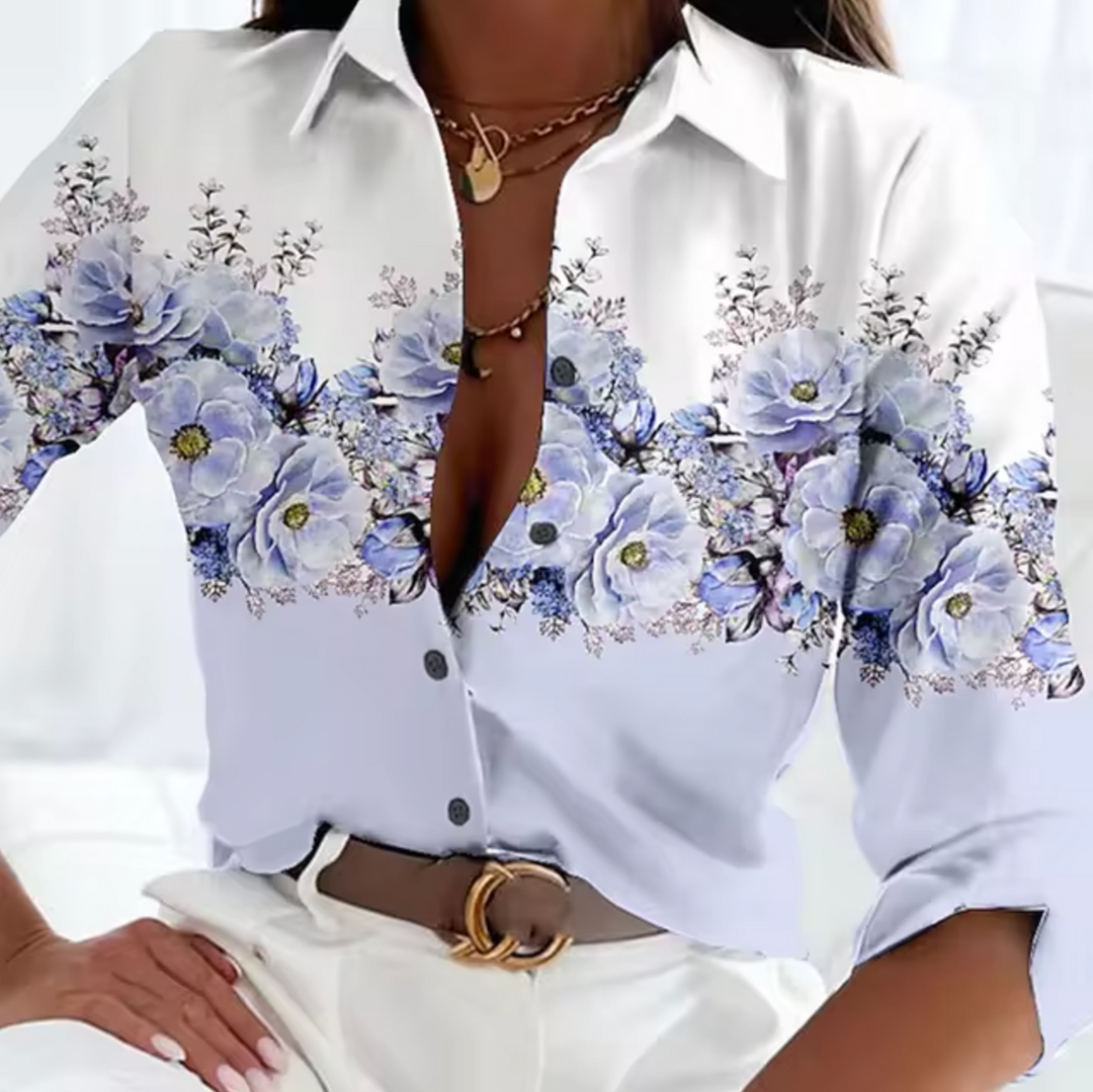 Weiß-lilafarbene Damenbluse mit zarten Farbtönen feminine Blumenmuster-Bluse mit romantischem Flair