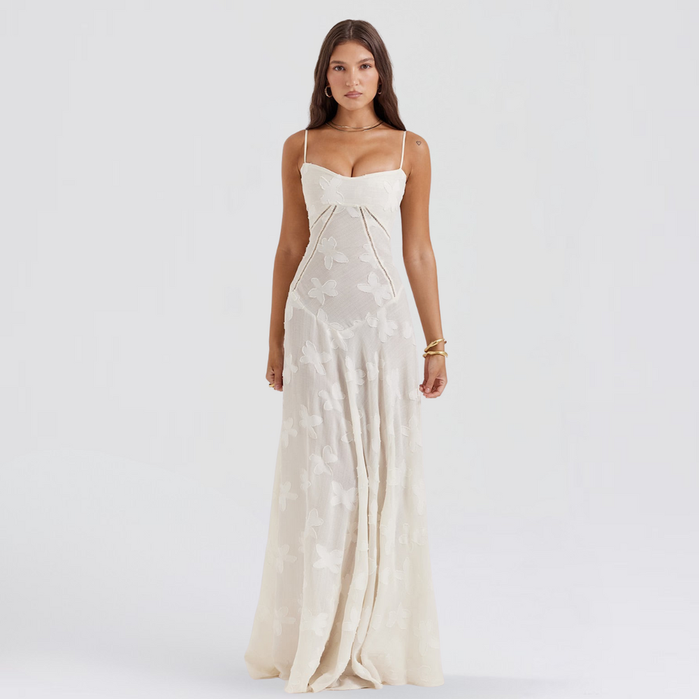 Weißes Damen-Maxikleid mit zarten Spitzen-Details – bezauberndes Romantisches Maxikleid