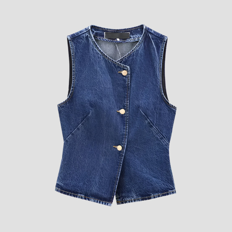 Weste mit ärmellosem Design, tailliertem Schnitt und Rundhalsausschnitt Damen, Jeans vorne.