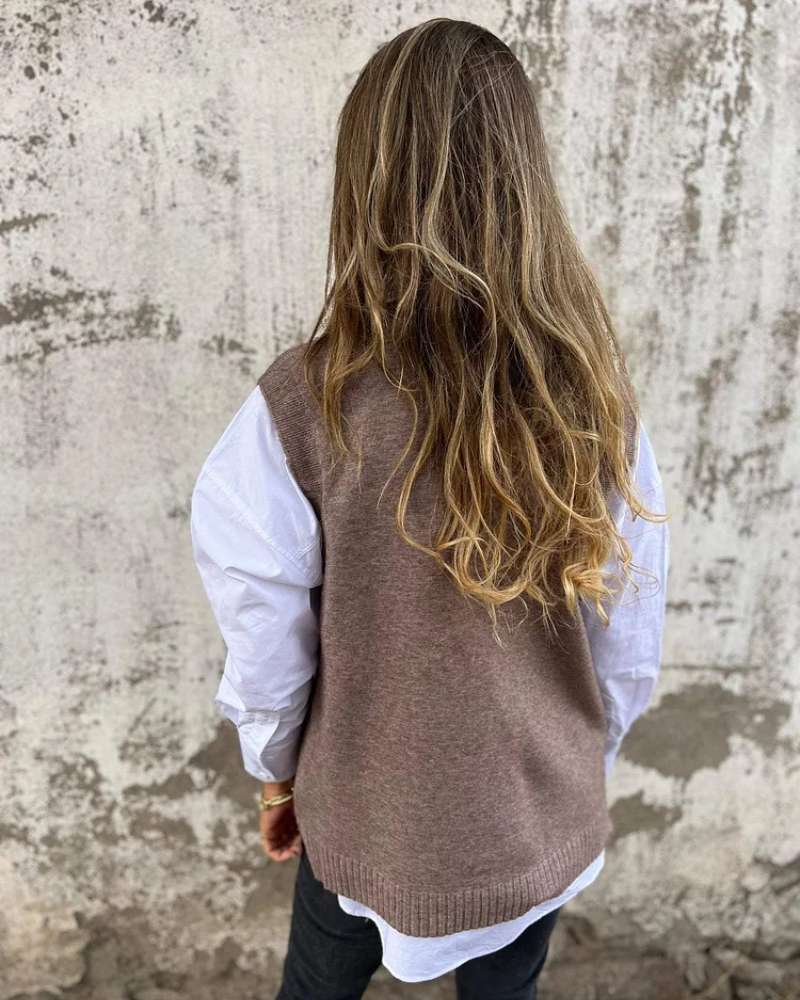 Gilet maglione senza maniche con scollo a V e polsini a costine per donna