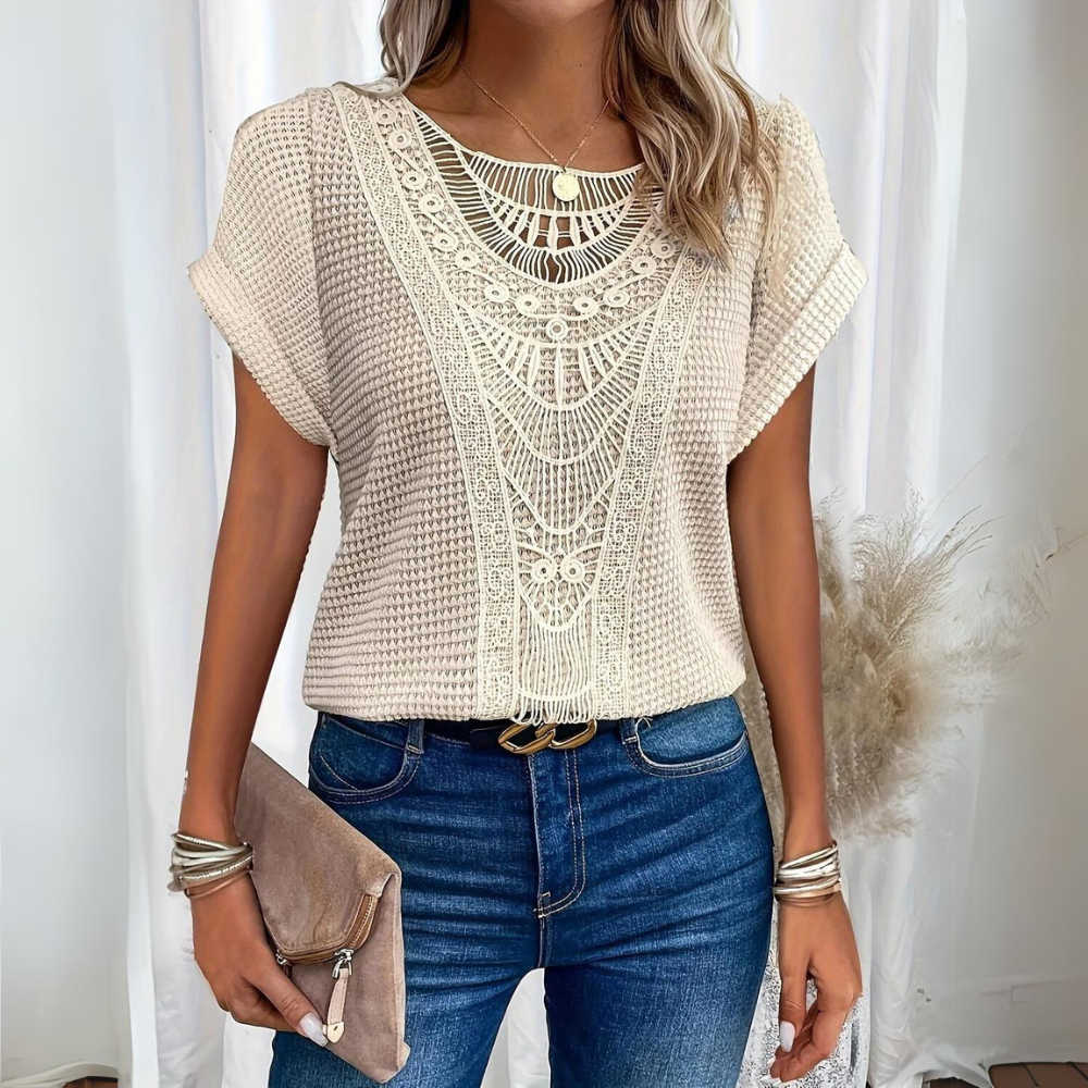 Zorina beiges Boho elegantes Spitzen-Top für Damen, mit zarten Spitzen-Details und lockerem Boho-Stil für einen schicken Look