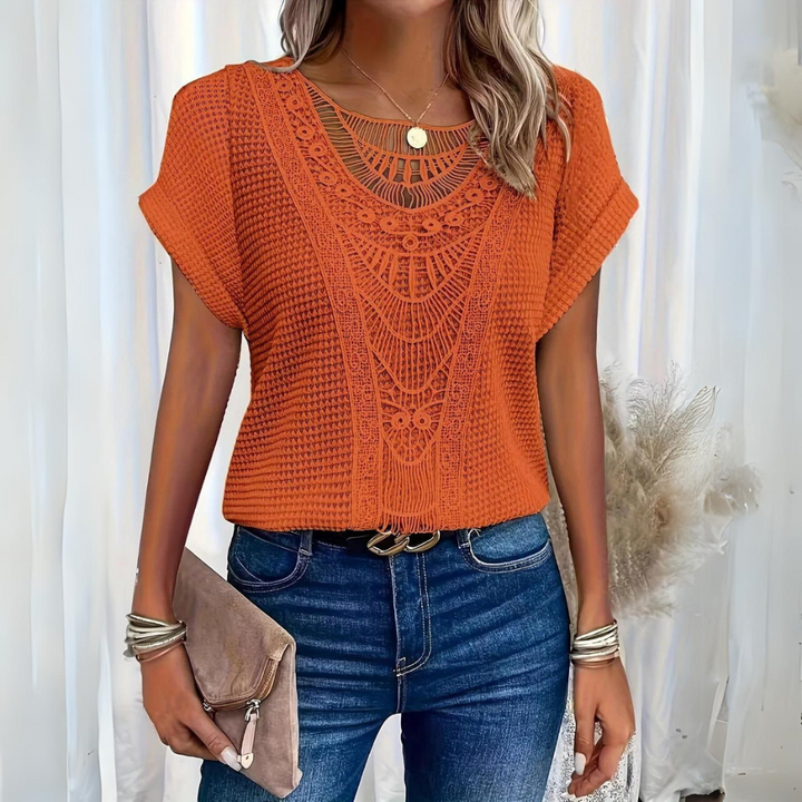 Zorina oranges Boho elegantes Spitzen-Top für Damen, mit kräftigem Orangeton und kunstvollen Spitzen-Akzenten für einen trendigen Boho-Look